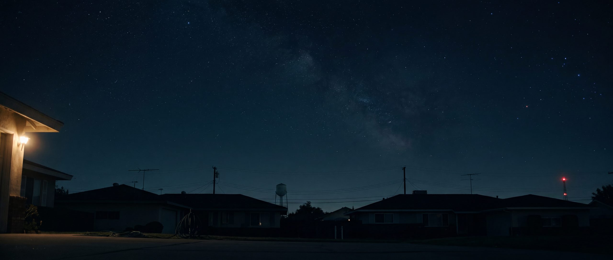 Suburban rooftops and a water tower under a starred night sky, one porch light glowing
