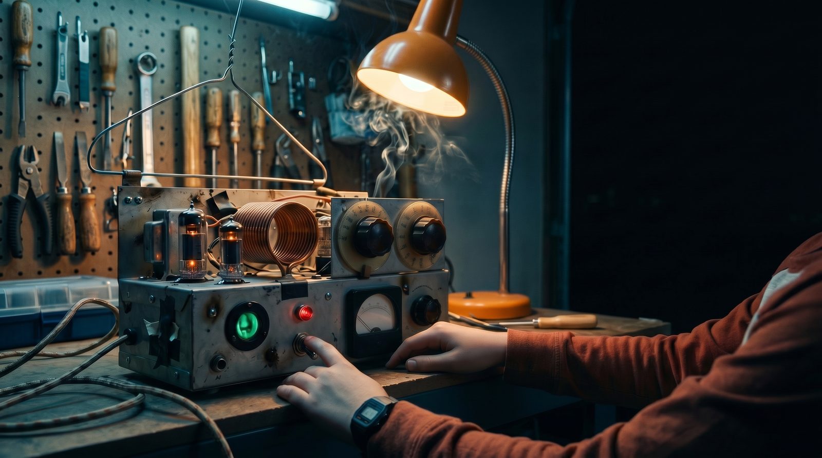 A homemade broadcasting device with glowing tubes and a lit red lamp on a garage workbench, a hand on its toggle switch